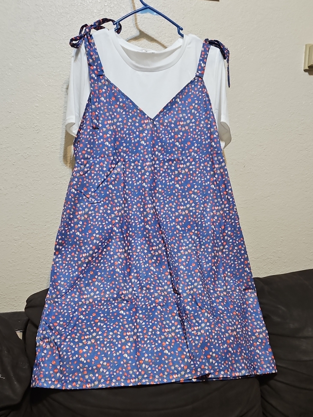 Women’s Blue Floral Midi Dress with Tie Straps